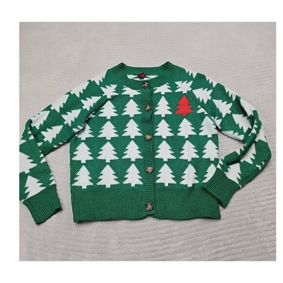 Dec 25th Christmas Sweater Womens Medium Cardigan Ugly Christmas Tree Print - Picture 1 of 6